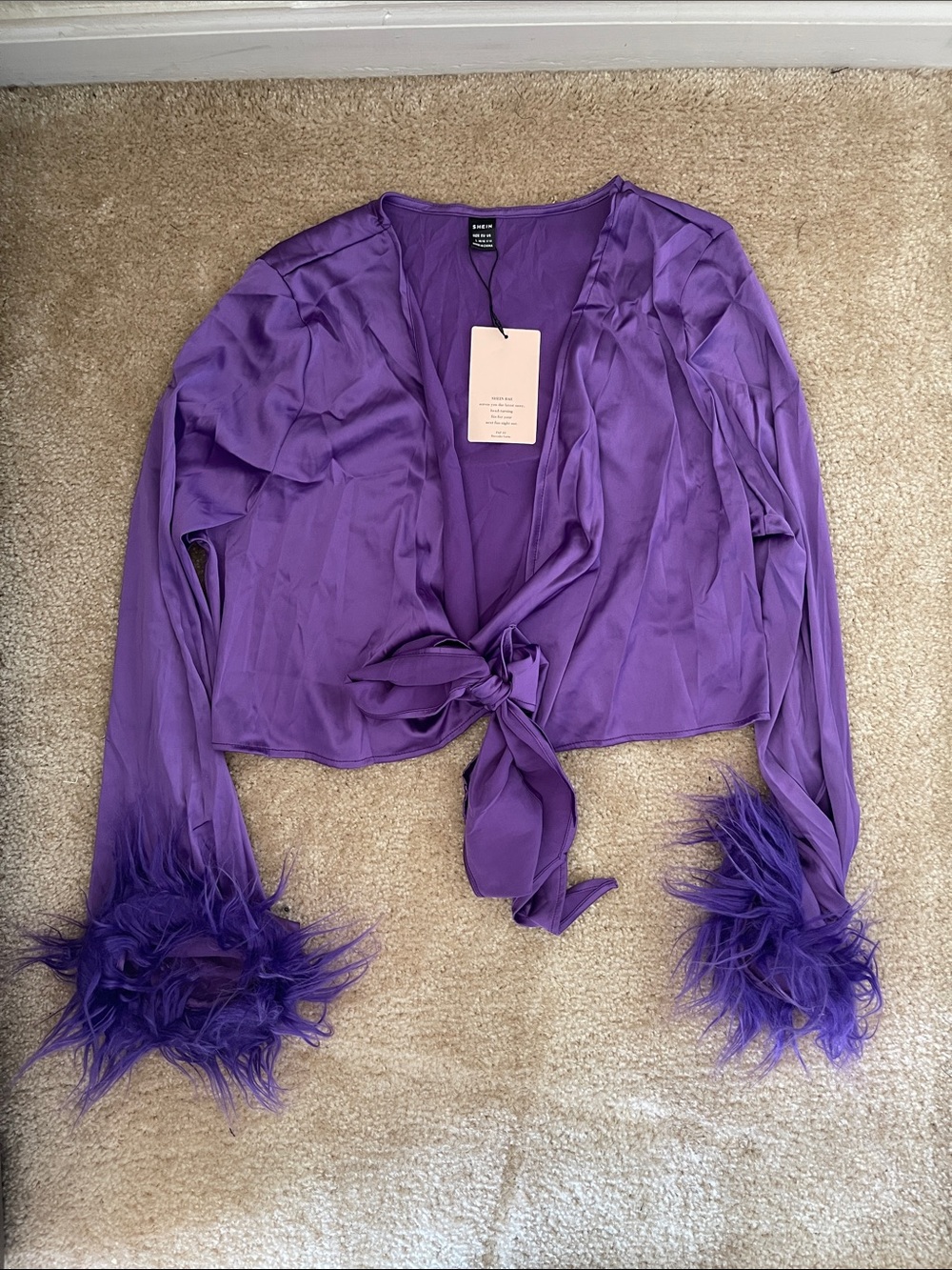 SHEIN Purple Feather Cuff Tie-Front Satin Blouse